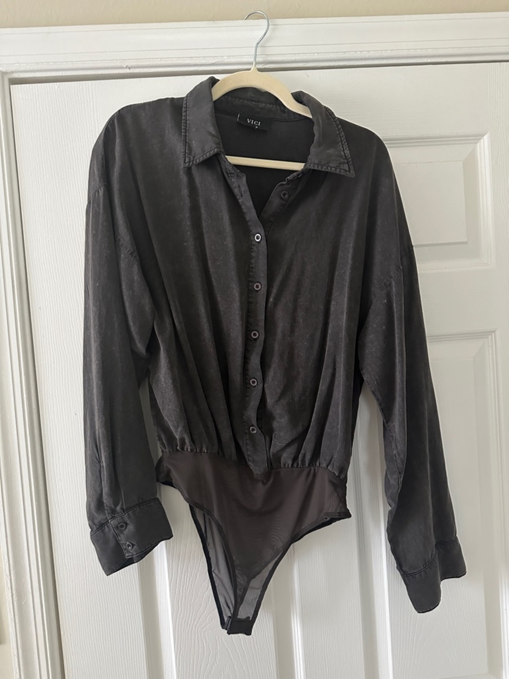 Vici charcoal gray button-front bodysuit